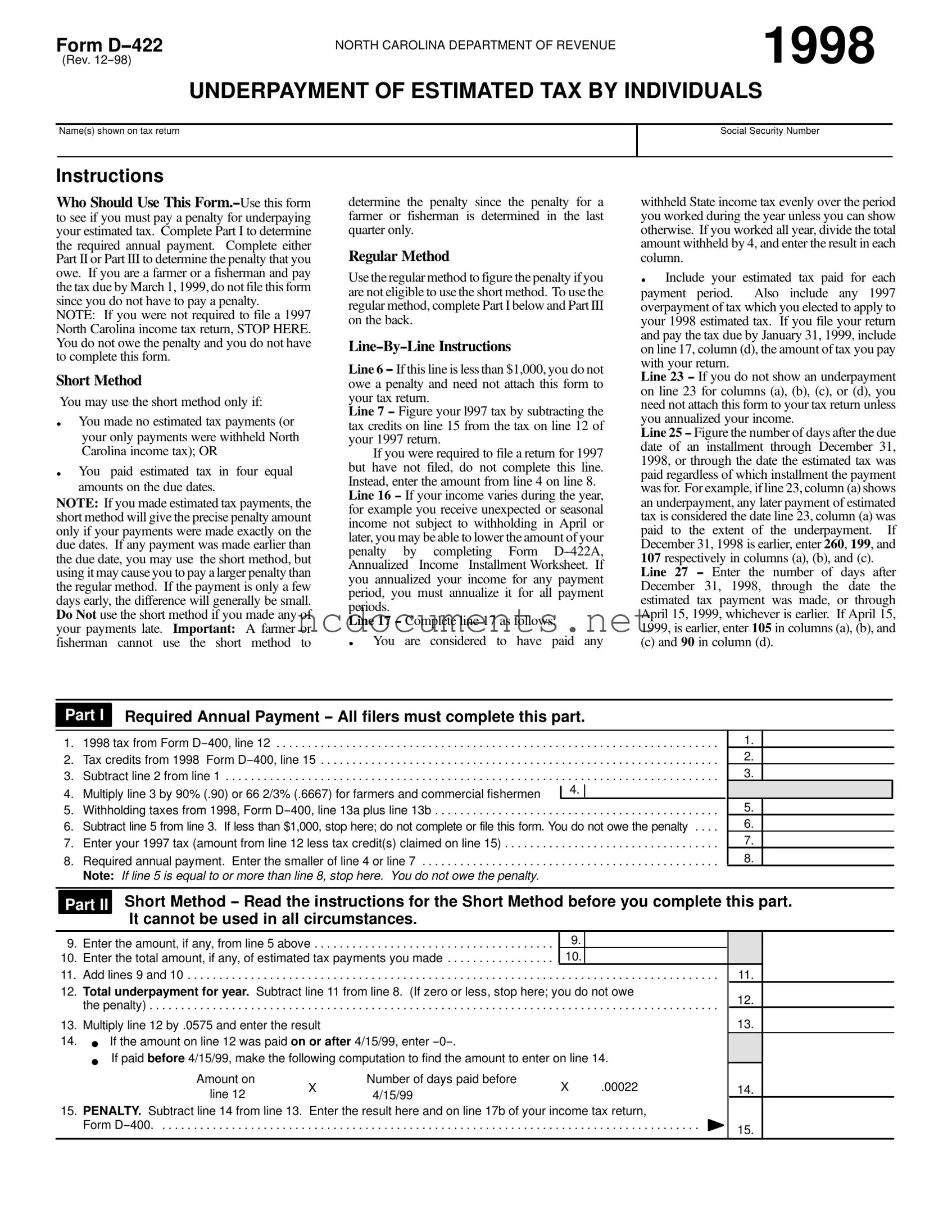 Free D 422 North Carolina Form