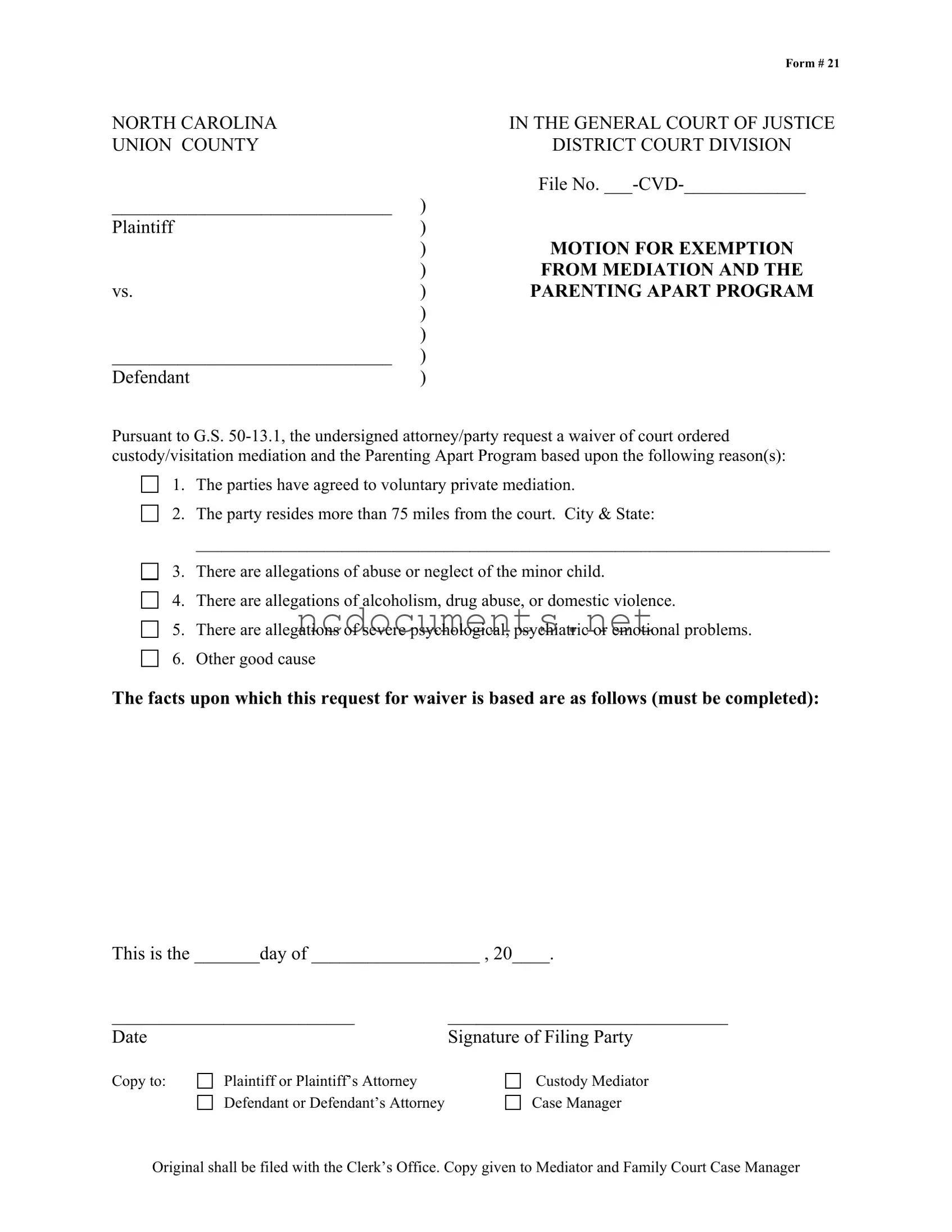 Free North Carolina 21 Form