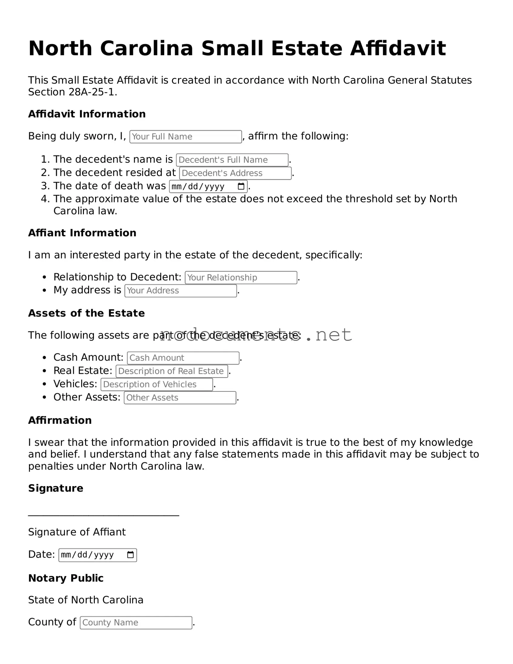 Blank North Carolina Small Estate Affidavit Template