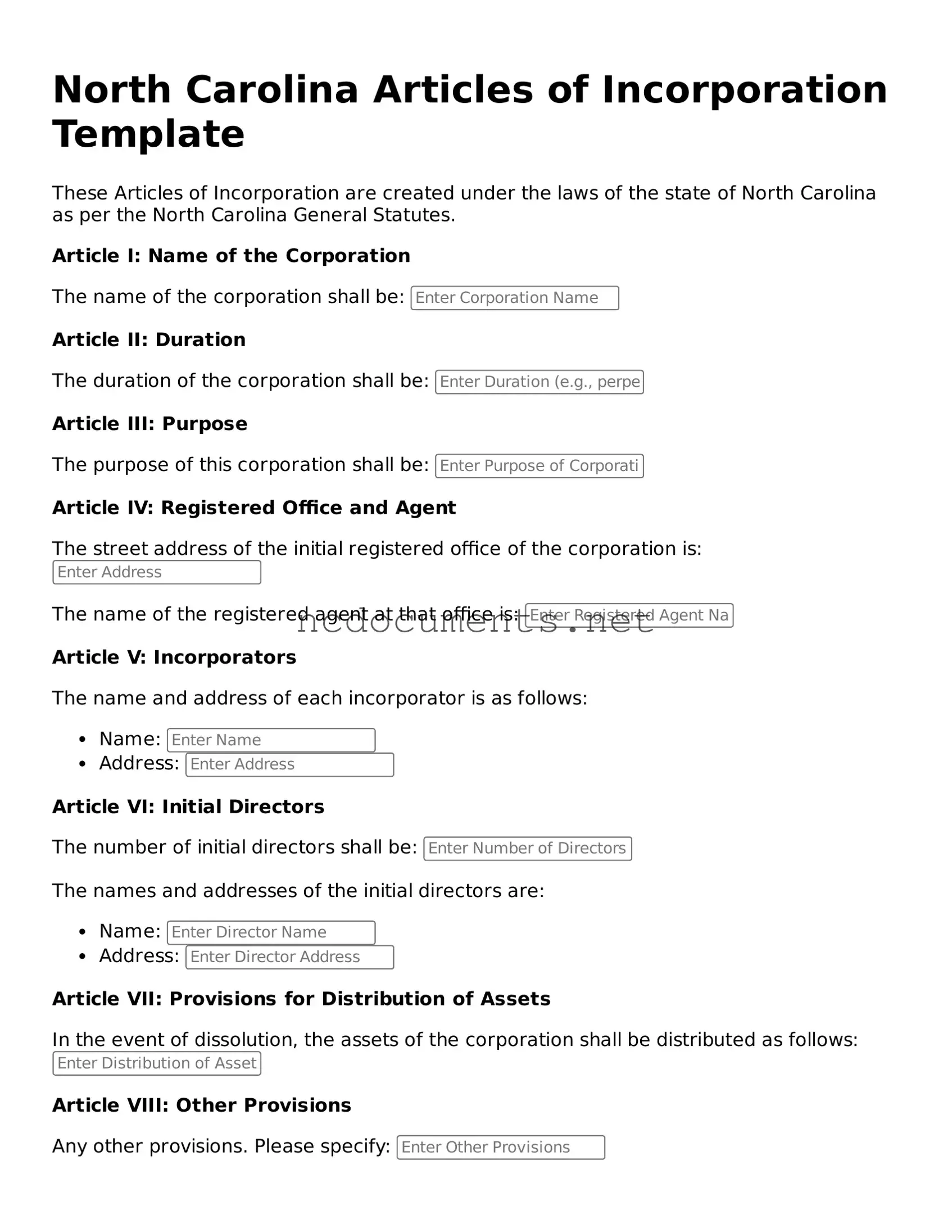 Blank North Carolina Articles of Incorporation Template