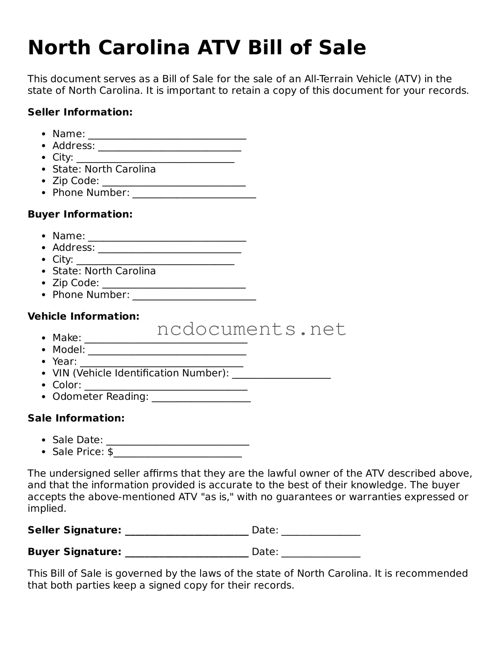 Blank North Carolina ATV Bill of Sale Template