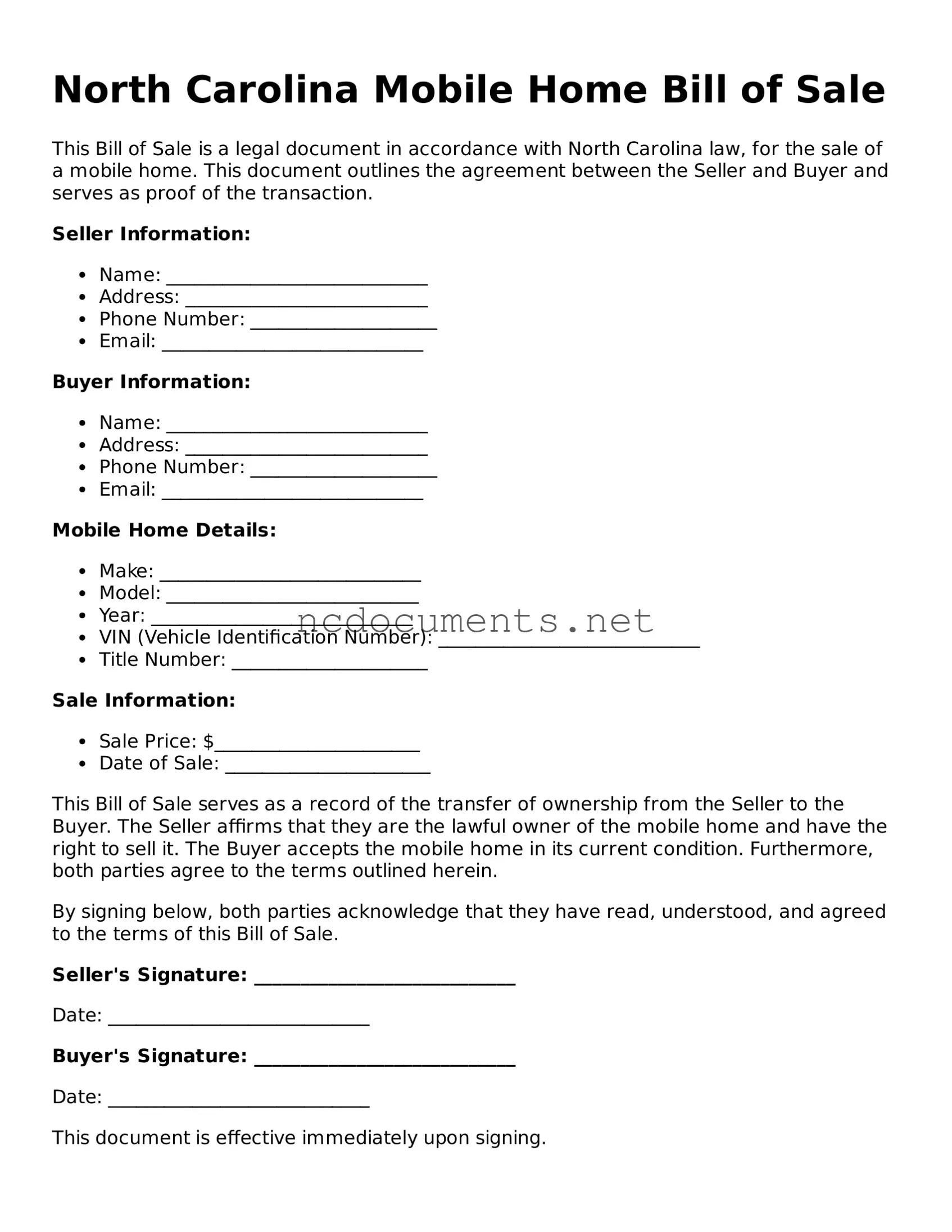 Blank North Carolina Mobile Home Bill of Sale Template
