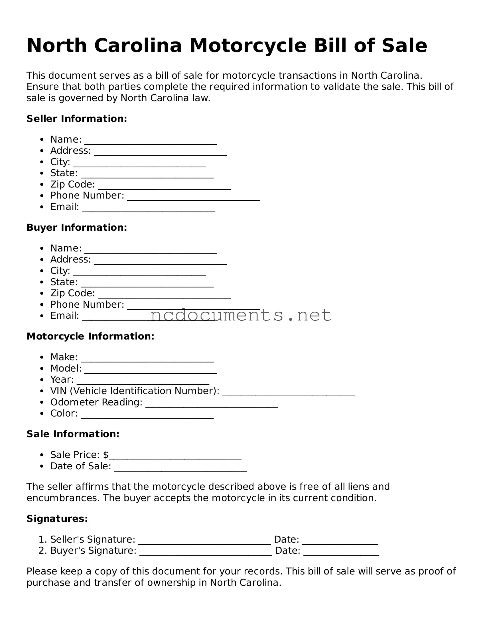 Blank North Carolina Motorcycle Bill of Sale Template