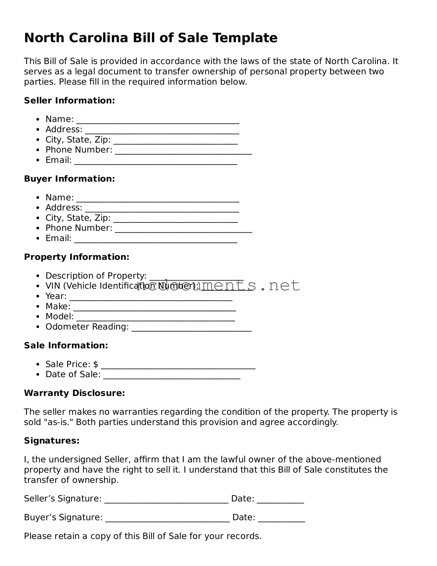 Blank North Carolina Bill of Sale Template