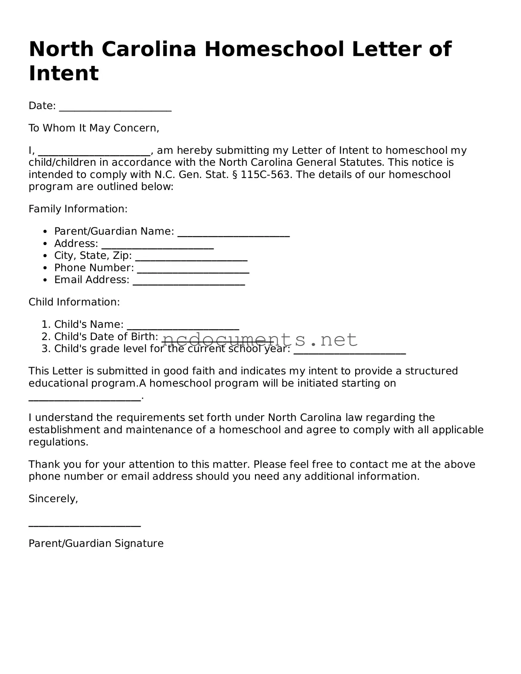 Blank North Carolina Homeschool Letter of Intent Template