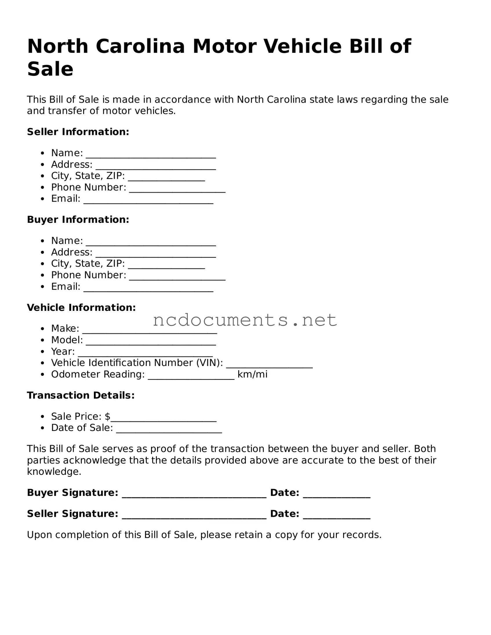Blank North Carolina Motor Vehicle Bill of Sale Template