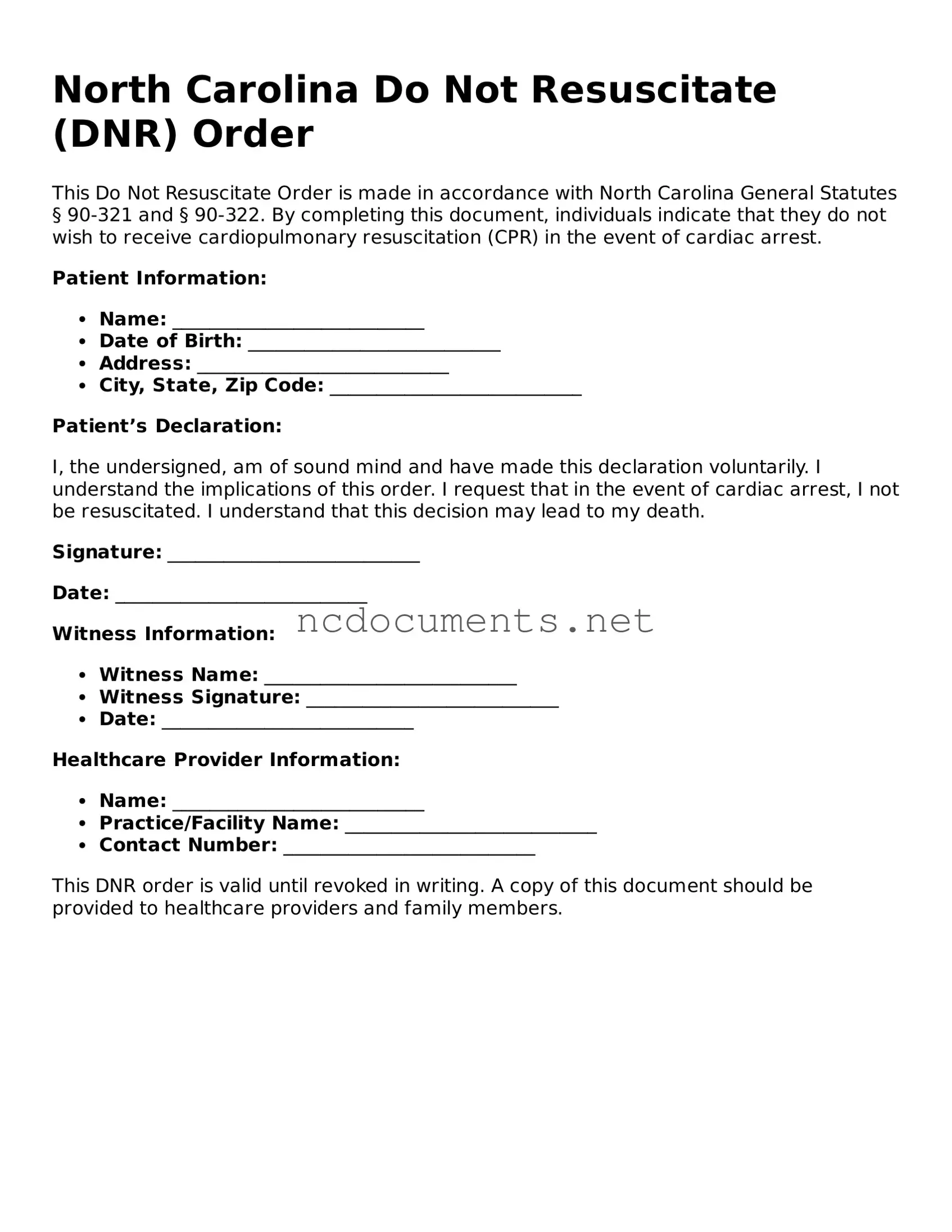 Blank North Carolina Do Not Resuscitate Order Template