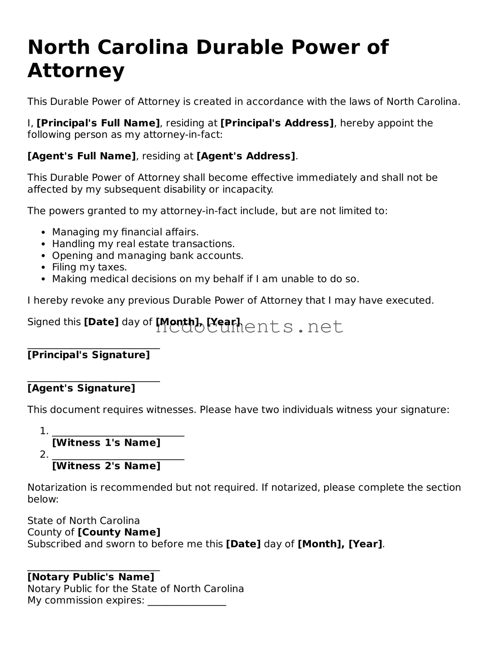 Blank North Carolina Durable Power of Attorney Template