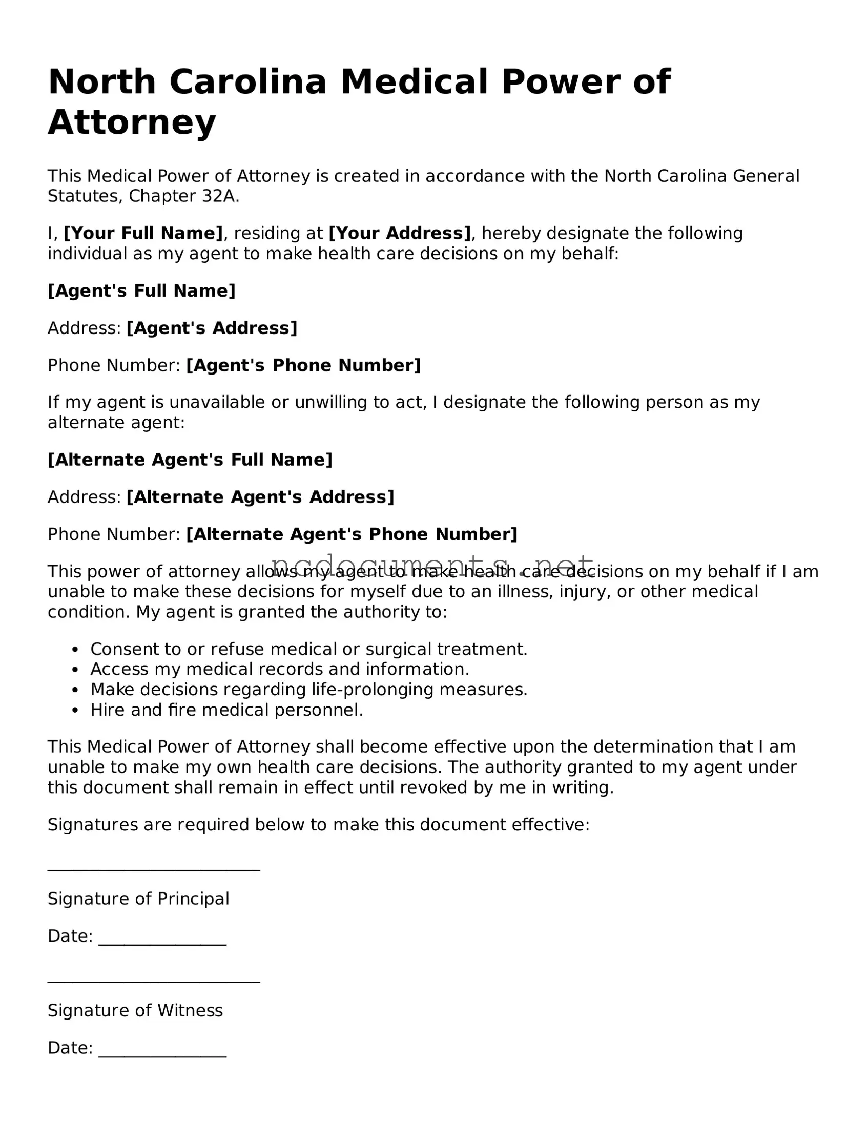 Blank North Carolina Medical Power of Attorney Template