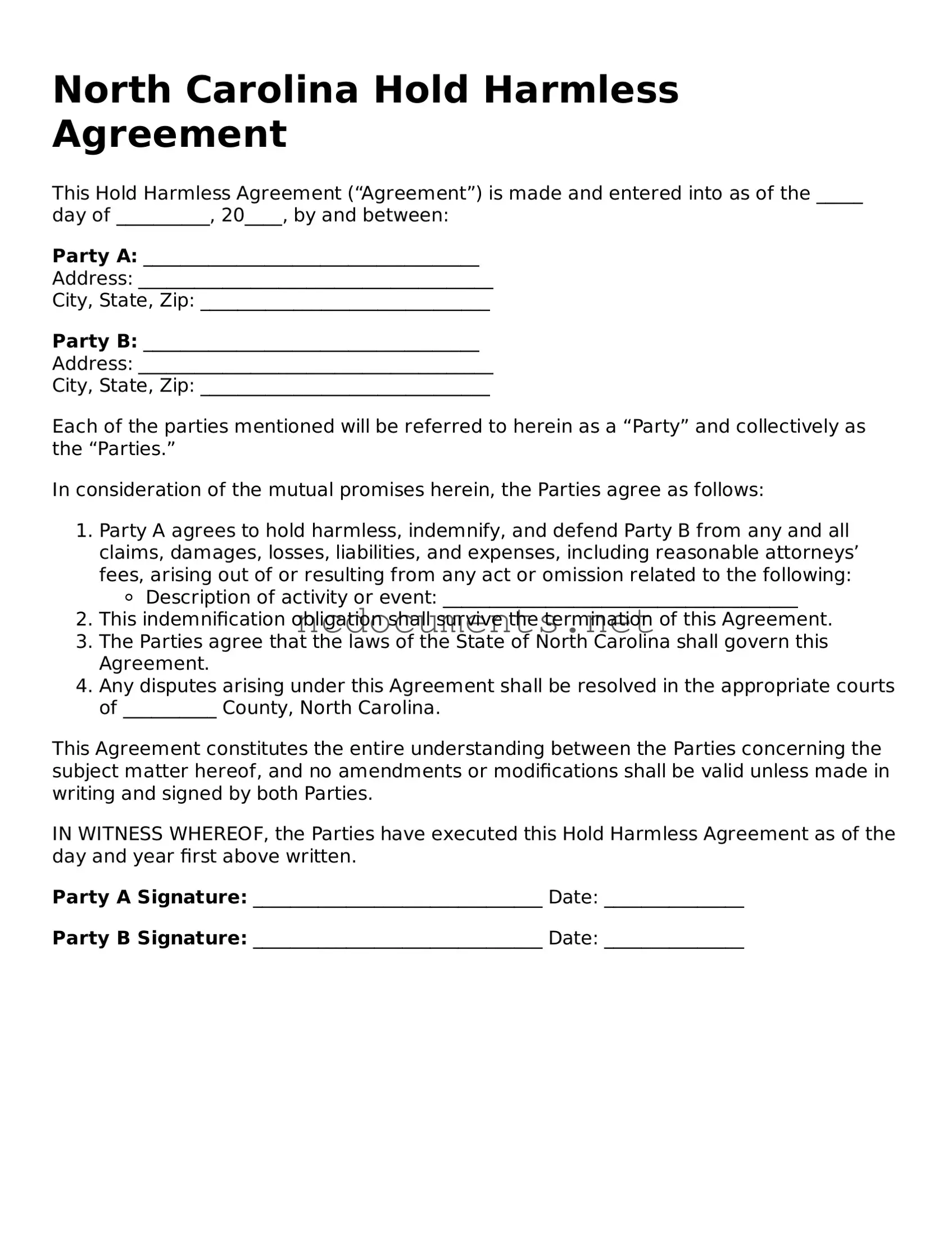 Blank North Carolina Hold Harmless Agreement Template