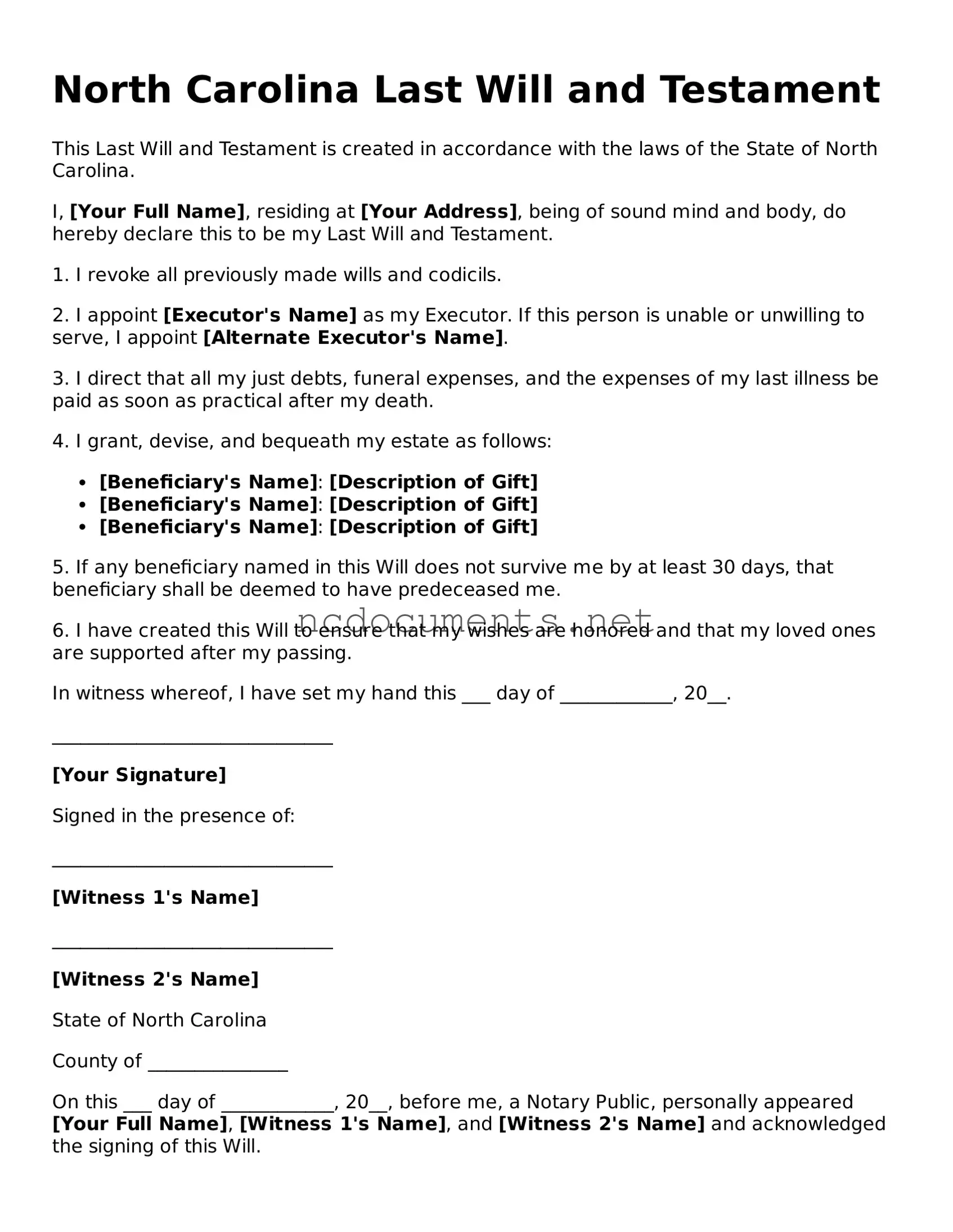 Blank North Carolina Last Will and Testament Template