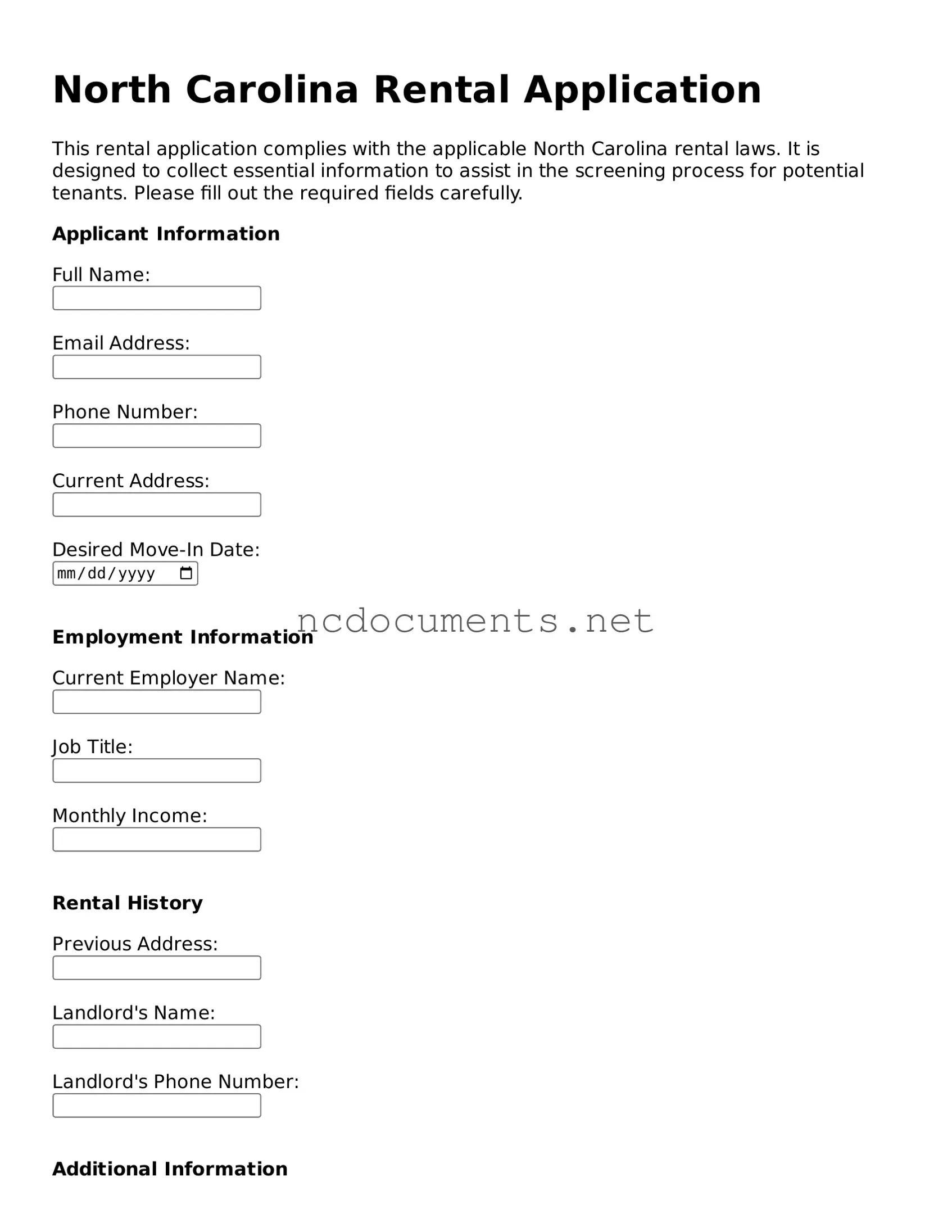 Blank North Carolina Rental Application Template