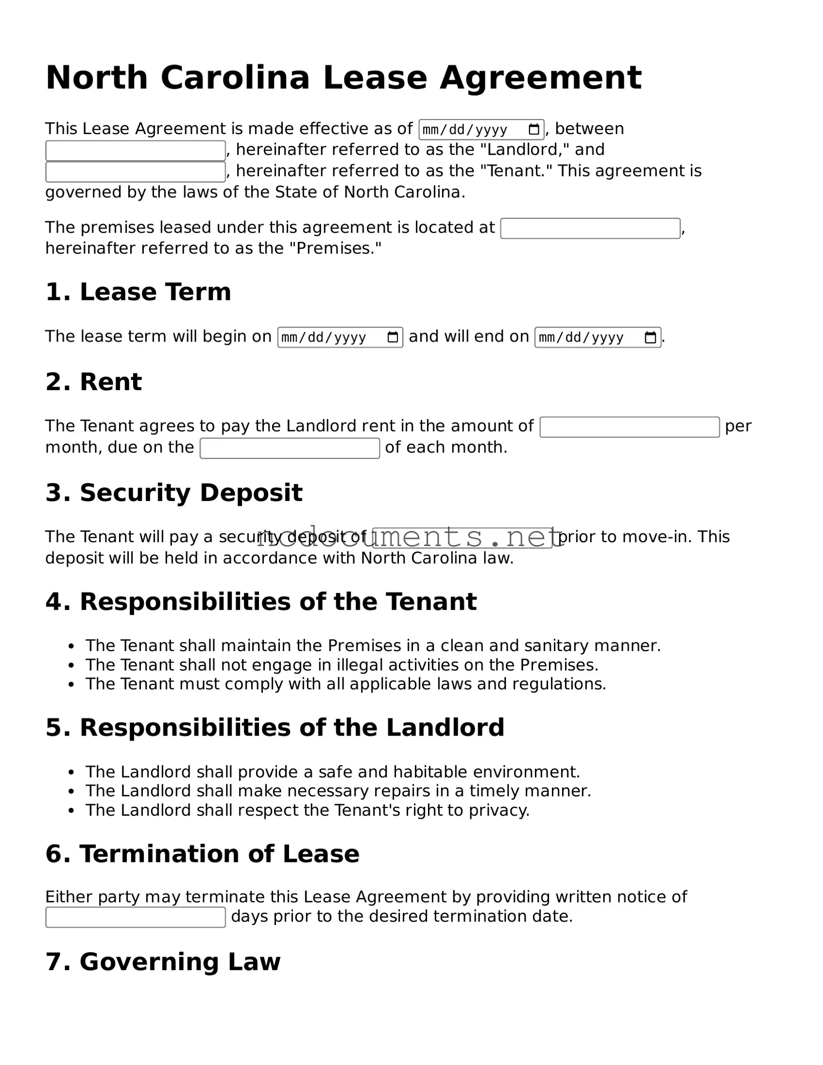 Blank North Carolina Lease Agreement Template