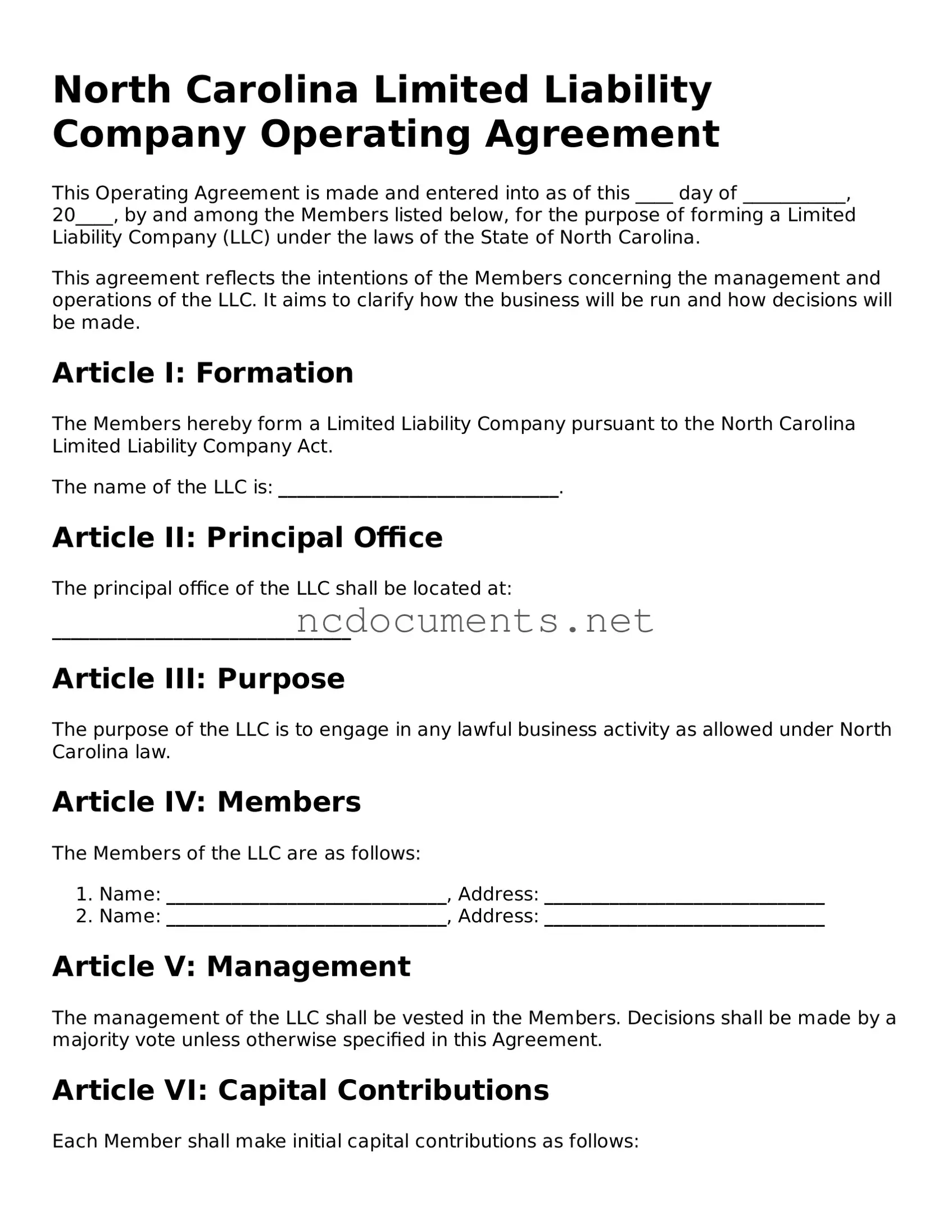 Blank North Carolina Operating Agreement Template