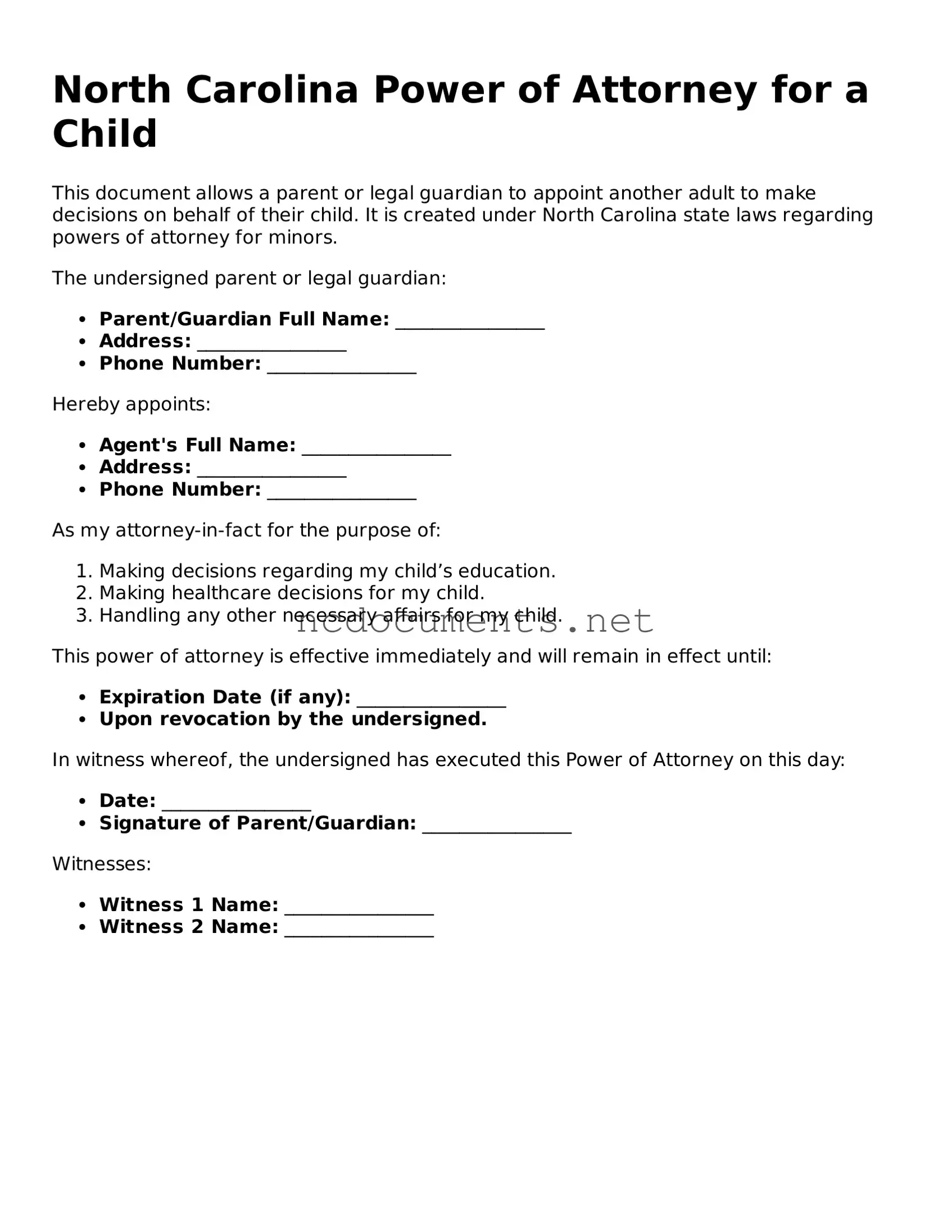 Blank North Carolina Power of Attorney for a Child Template