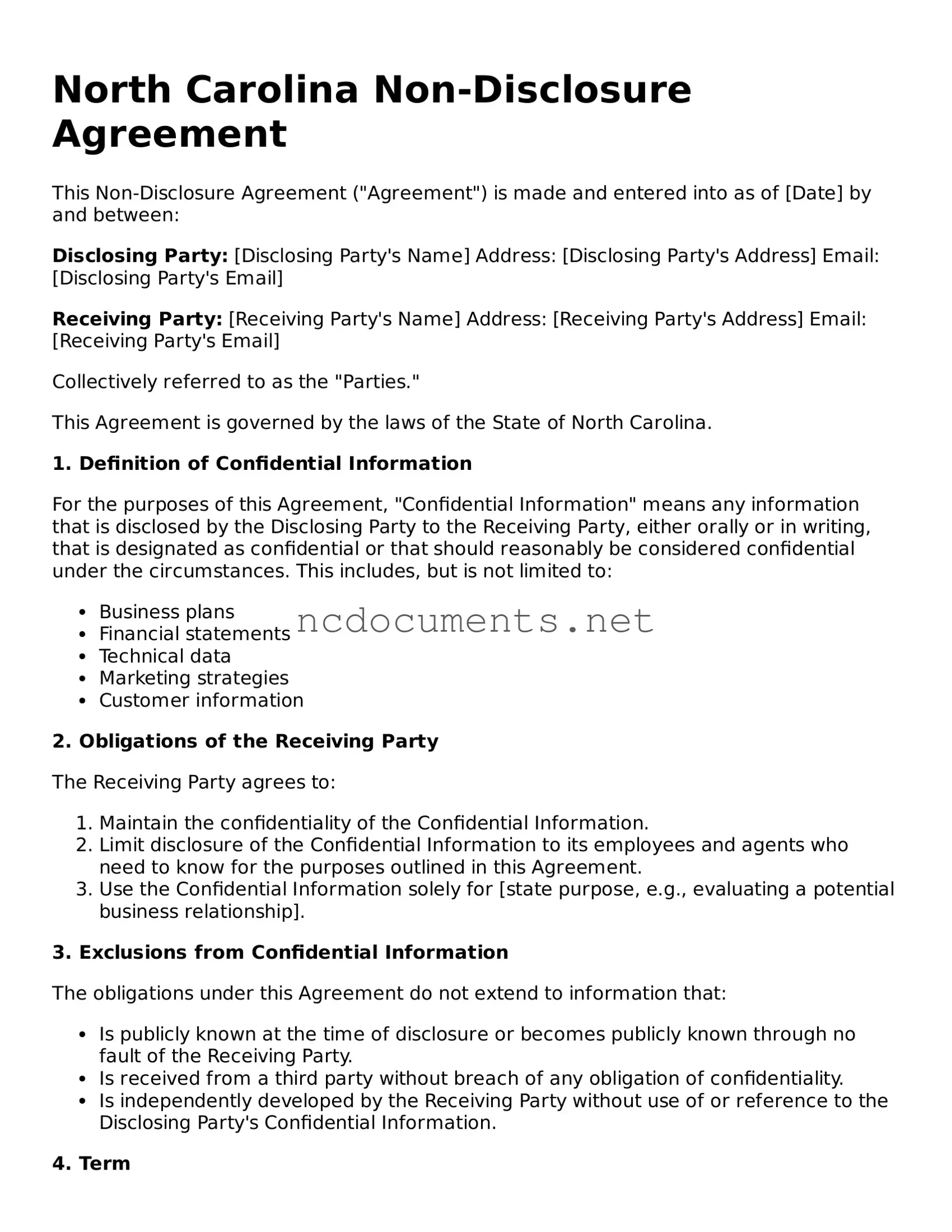 Blank North Carolina Non-disclosure Agreement Template