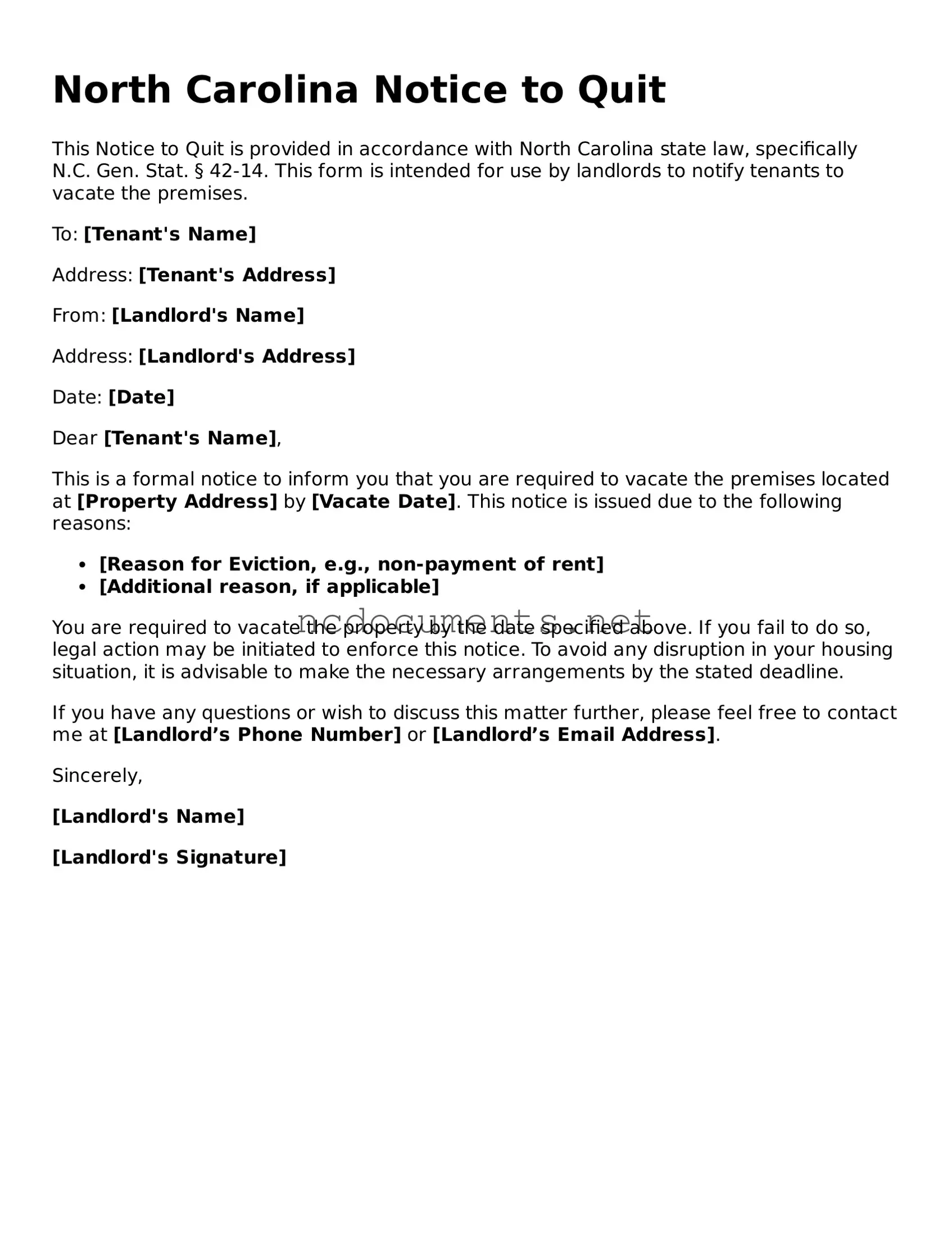 Blank North Carolina Notice to Quit Template