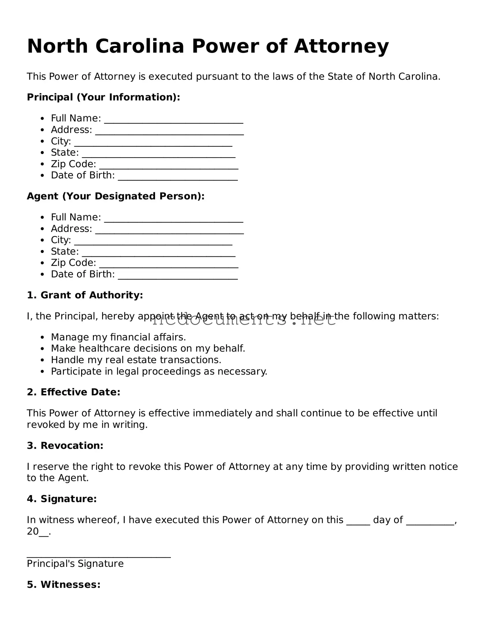 Blank North Carolina Power of Attorney Template