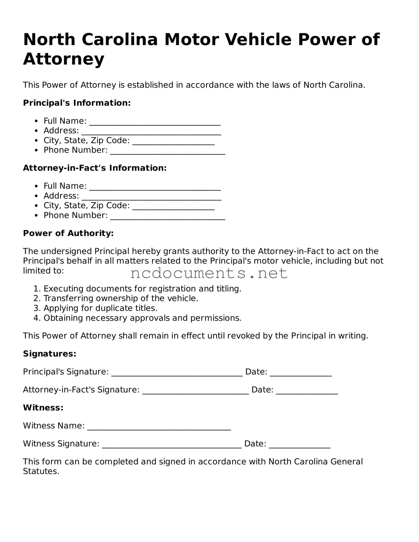 Blank North Carolina Motor Vehicle Power of Attorney Template