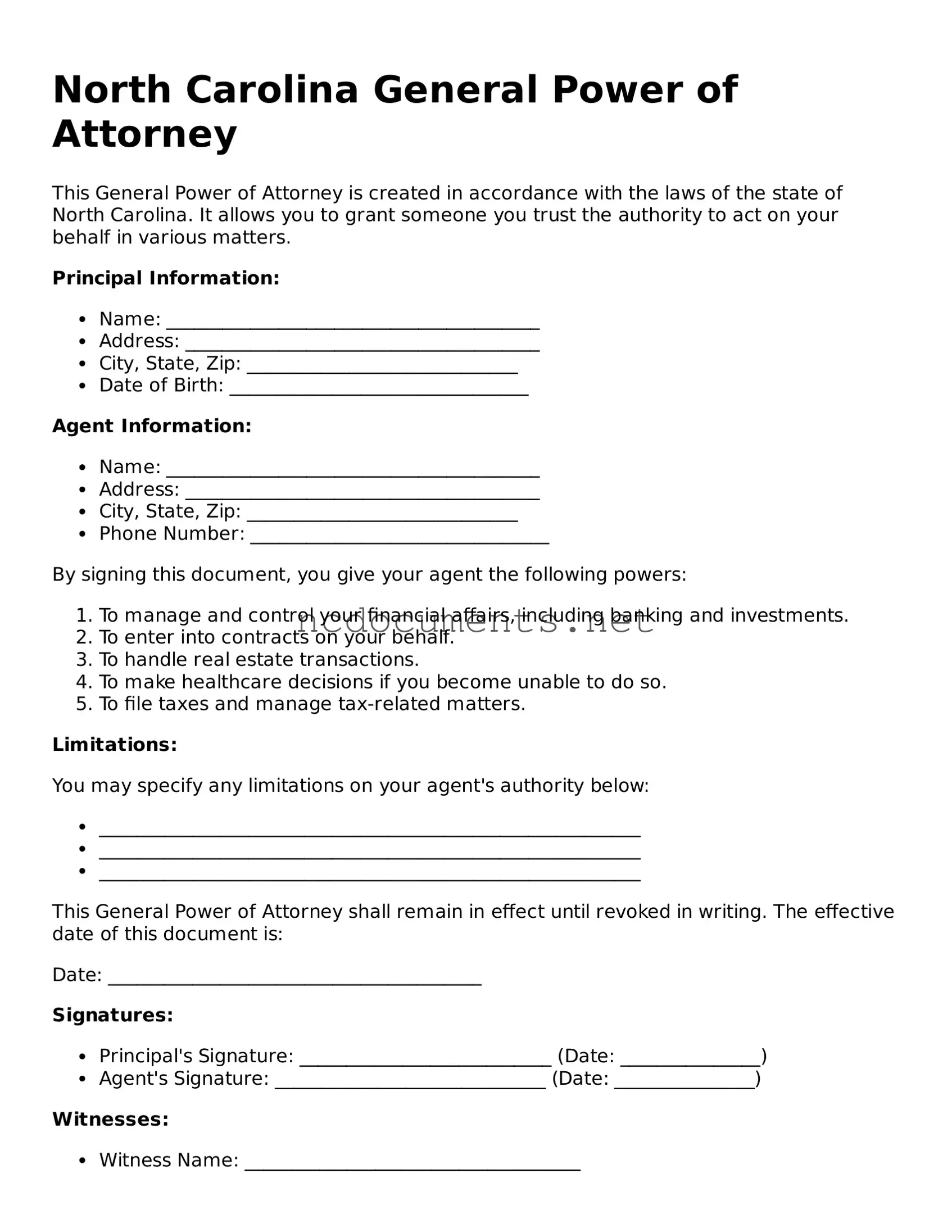 Blank North Carolina General Power of Attorney Template