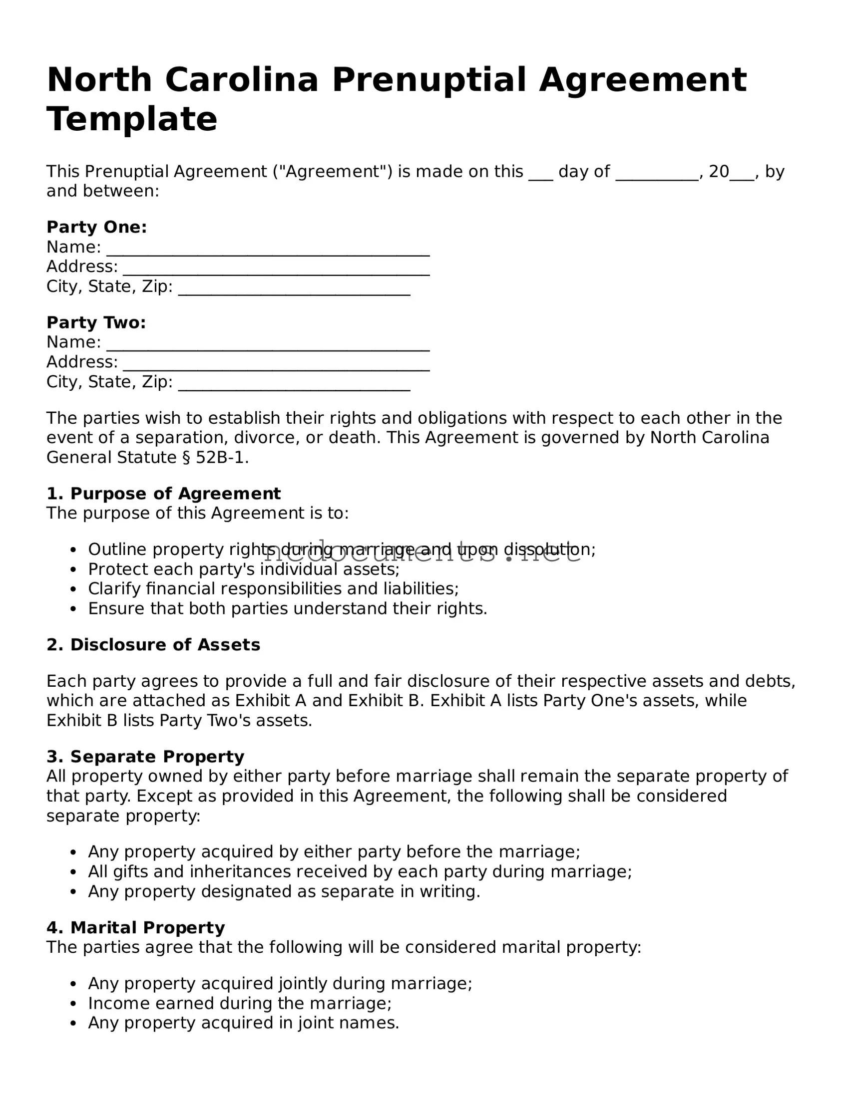 Blank North Carolina Prenuptial Agreement Template