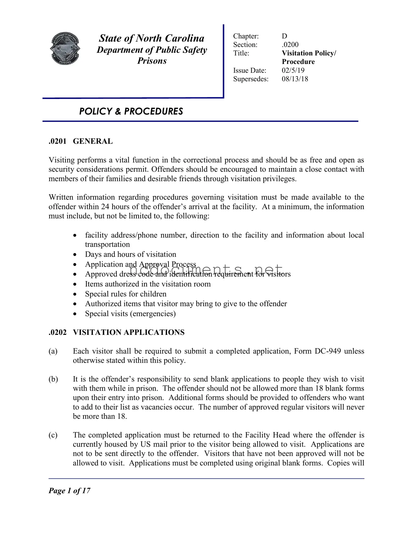 Free North Carolina Prison Application Form