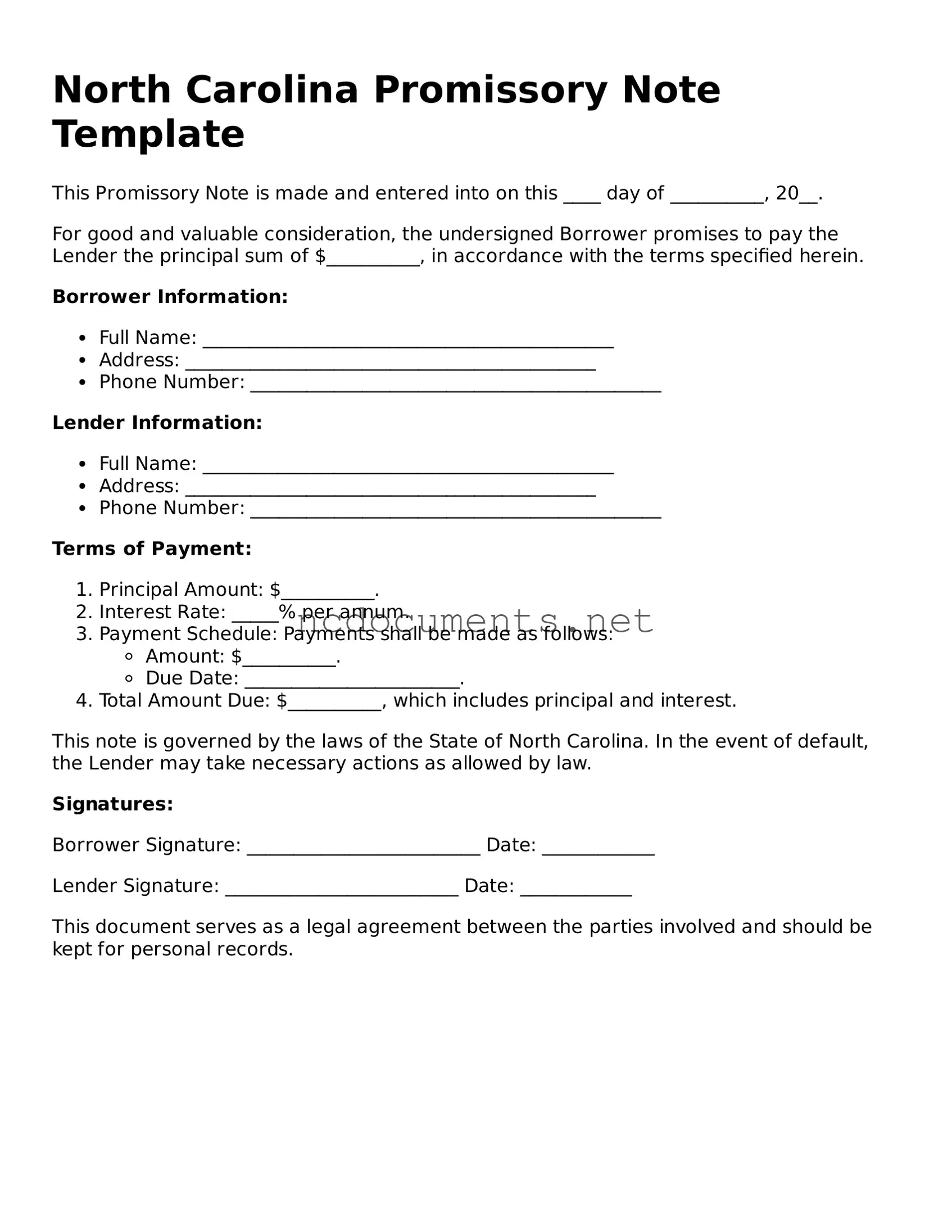 Blank North Carolina Promissory Note Template