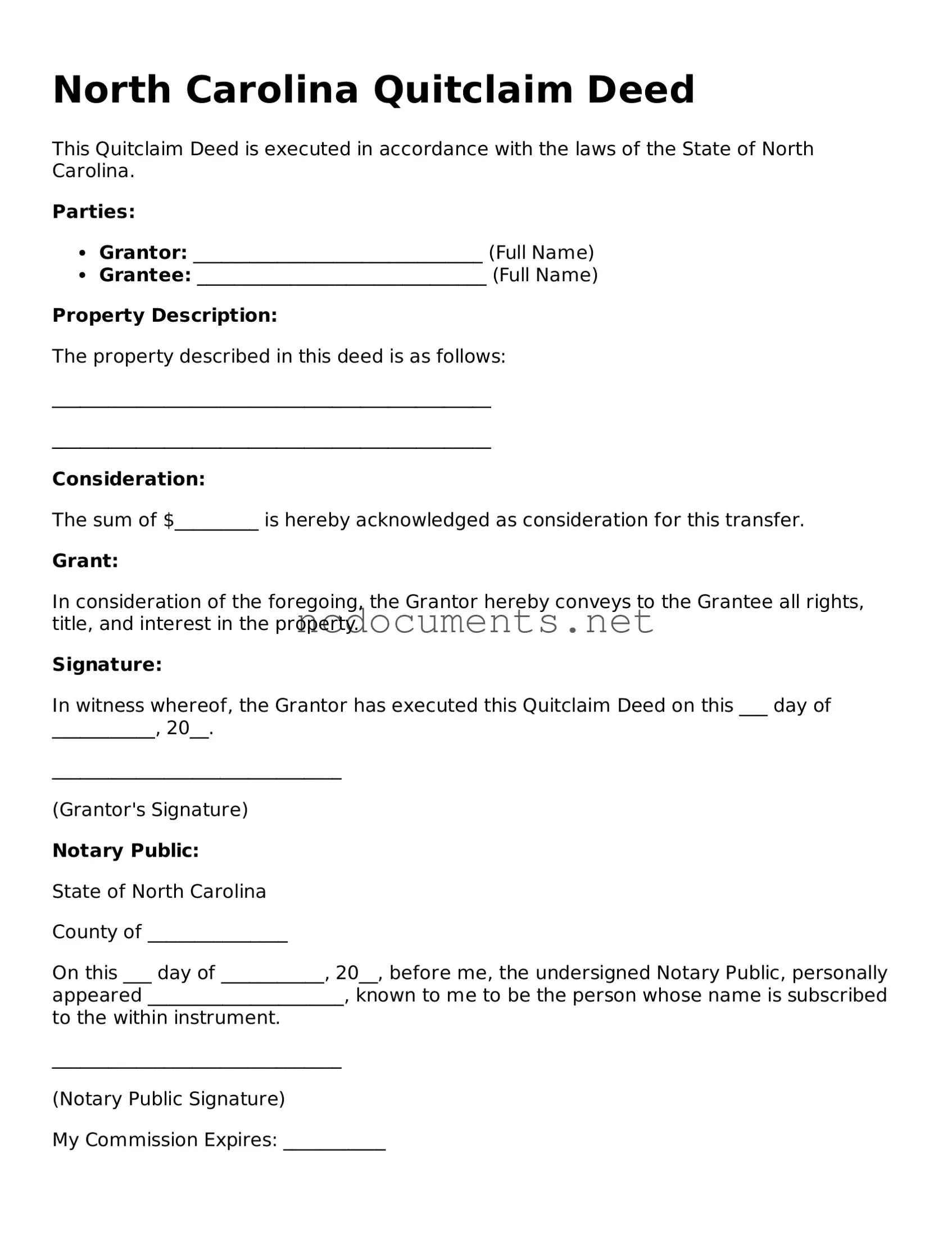 Blank North Carolina Quitclaim Deed Template