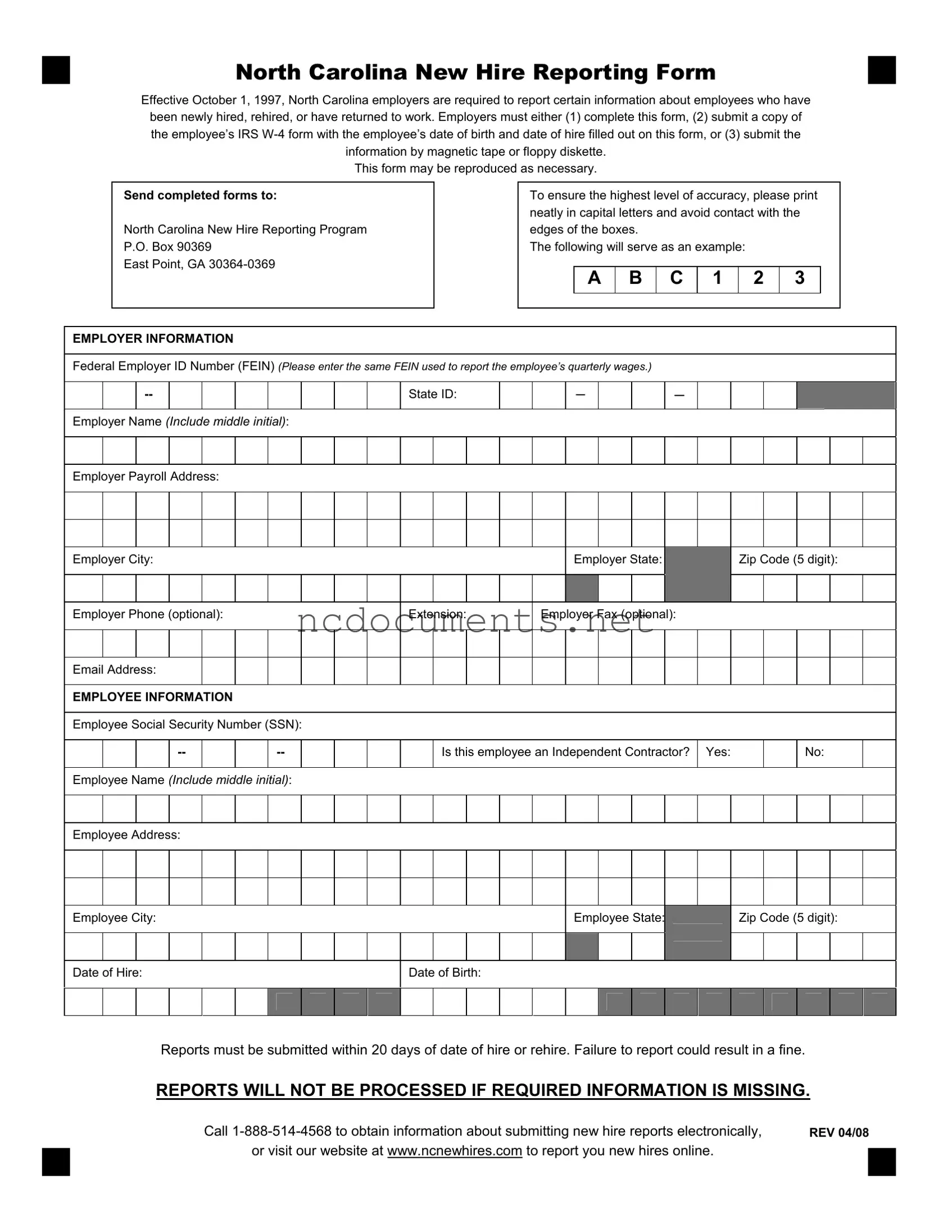 Free North Carolina Reporting Form