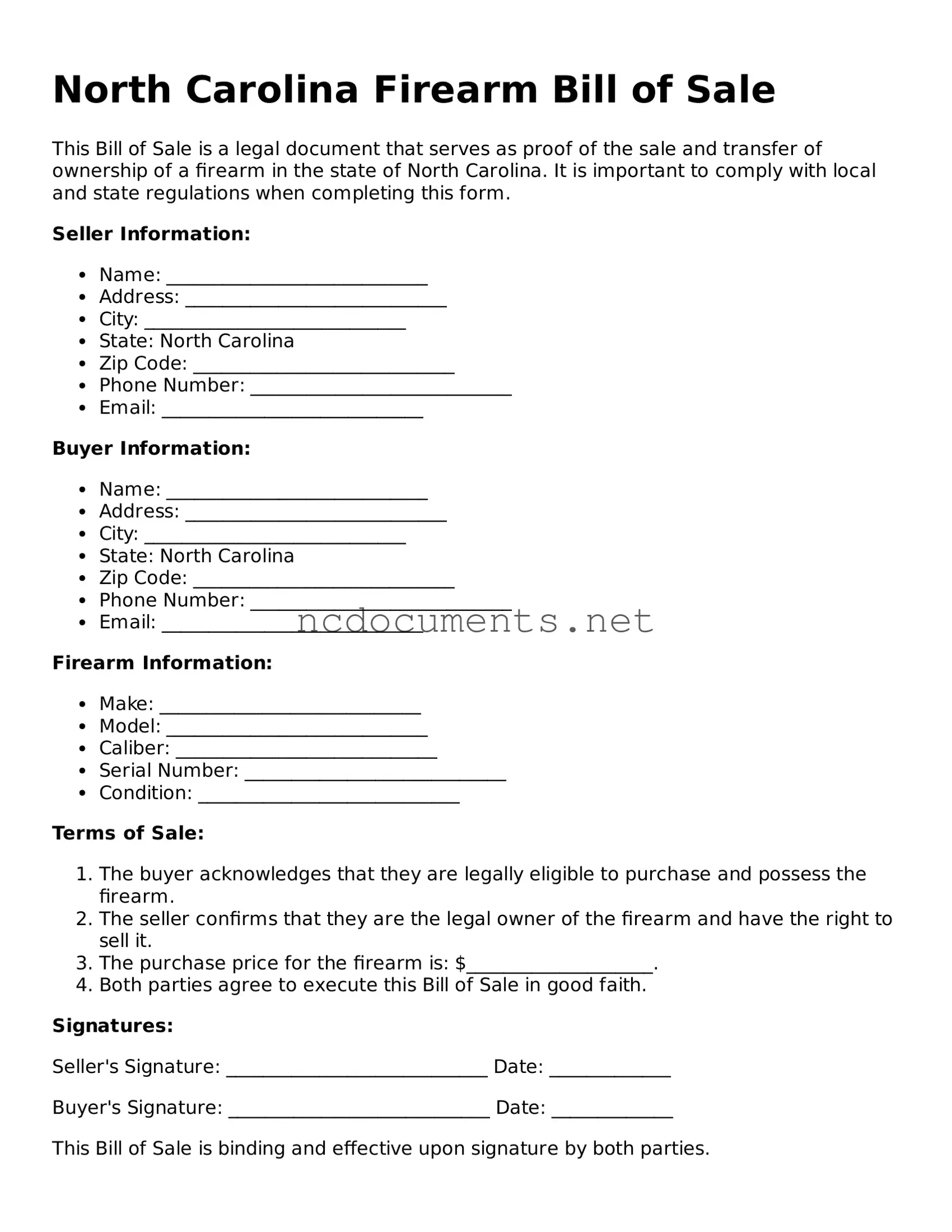 Blank North Carolina Firearm Bill of Sale Template