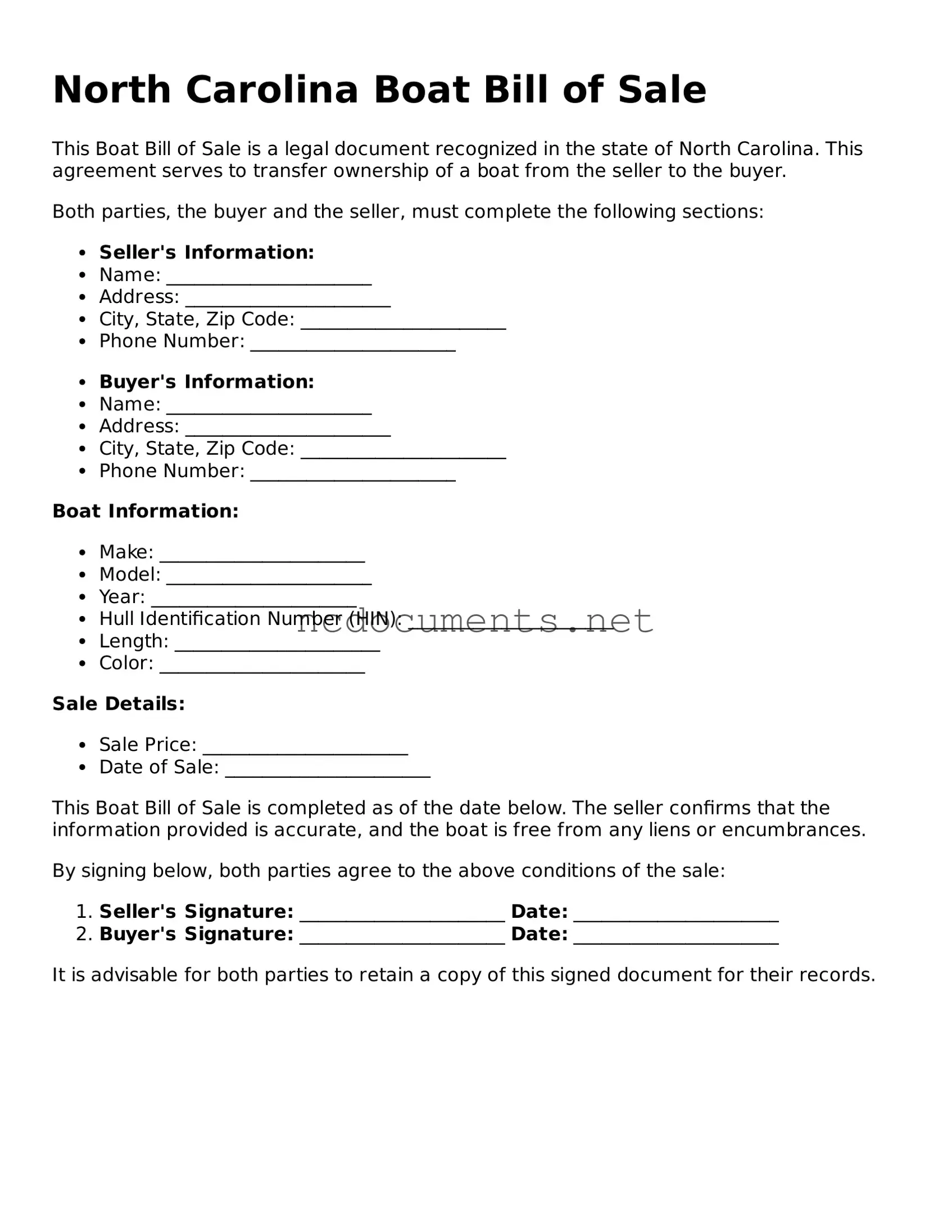 Blank North Carolina Boat Bill of Sale Template