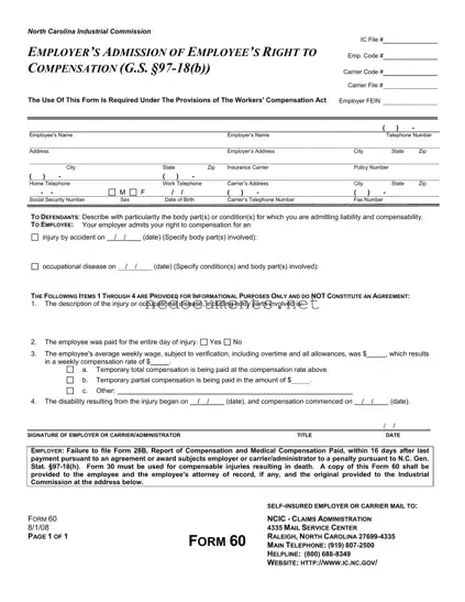 Free North Carolina 60 Form
