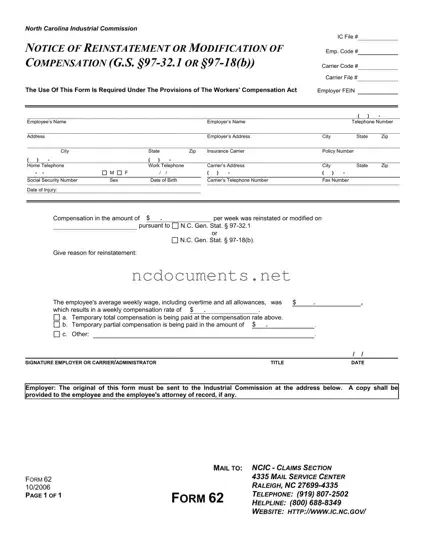 Free North Carolina 62 Form