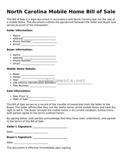 Blank North Carolina Mobile Home Bill of Sale Template