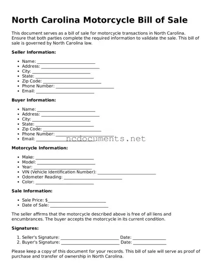 Blank North Carolina Motorcycle Bill of Sale Template