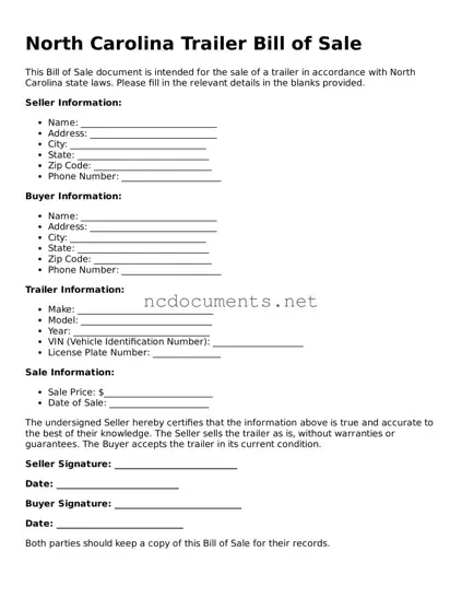 Blank North Carolina Trailer Bill of Sale Template
