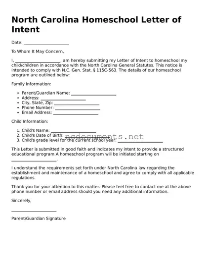 Blank North Carolina Homeschool Letter of Intent Template
