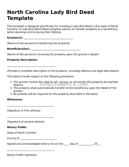 Blank North Carolina Lady Bird Deed Template