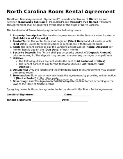 Blank North Carolina Room Rental Agreement Template