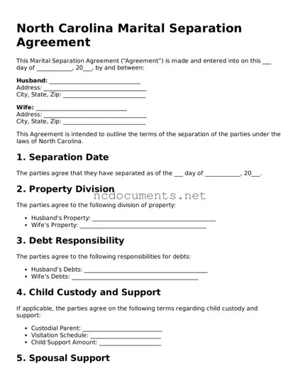 Blank North Carolina Marital Separation Agreement Template