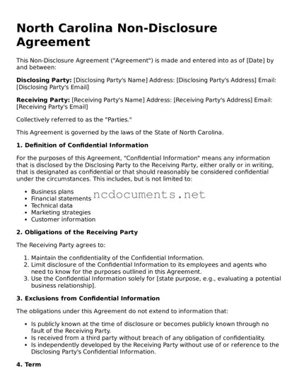Blank North Carolina Non-disclosure Agreement Template