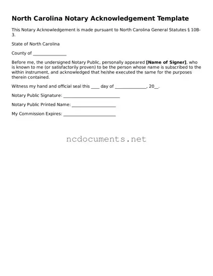 Blank North Carolina Notary Acknowledgement Template