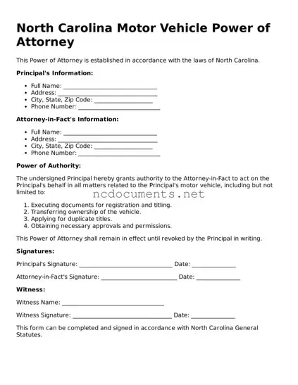 Blank North Carolina Motor Vehicle Power of Attorney Template