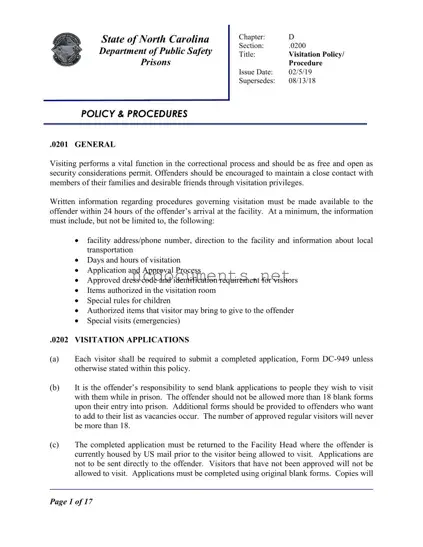 Free North Carolina Prison Application Form