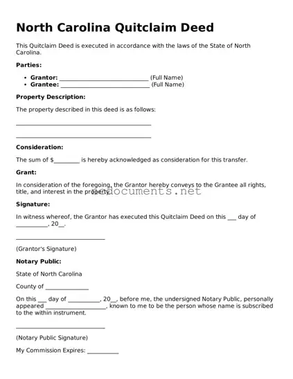 Blank North Carolina Quitclaim Deed Template