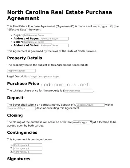 Blank North Carolina Real Estate Purchase Agreement Template
